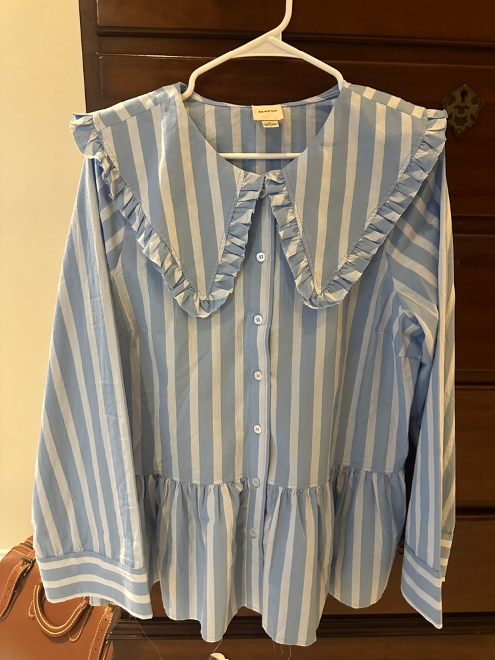 Anthropology Maeve Blue & White Striped Ruffle-Collar Blouse - Sz Large